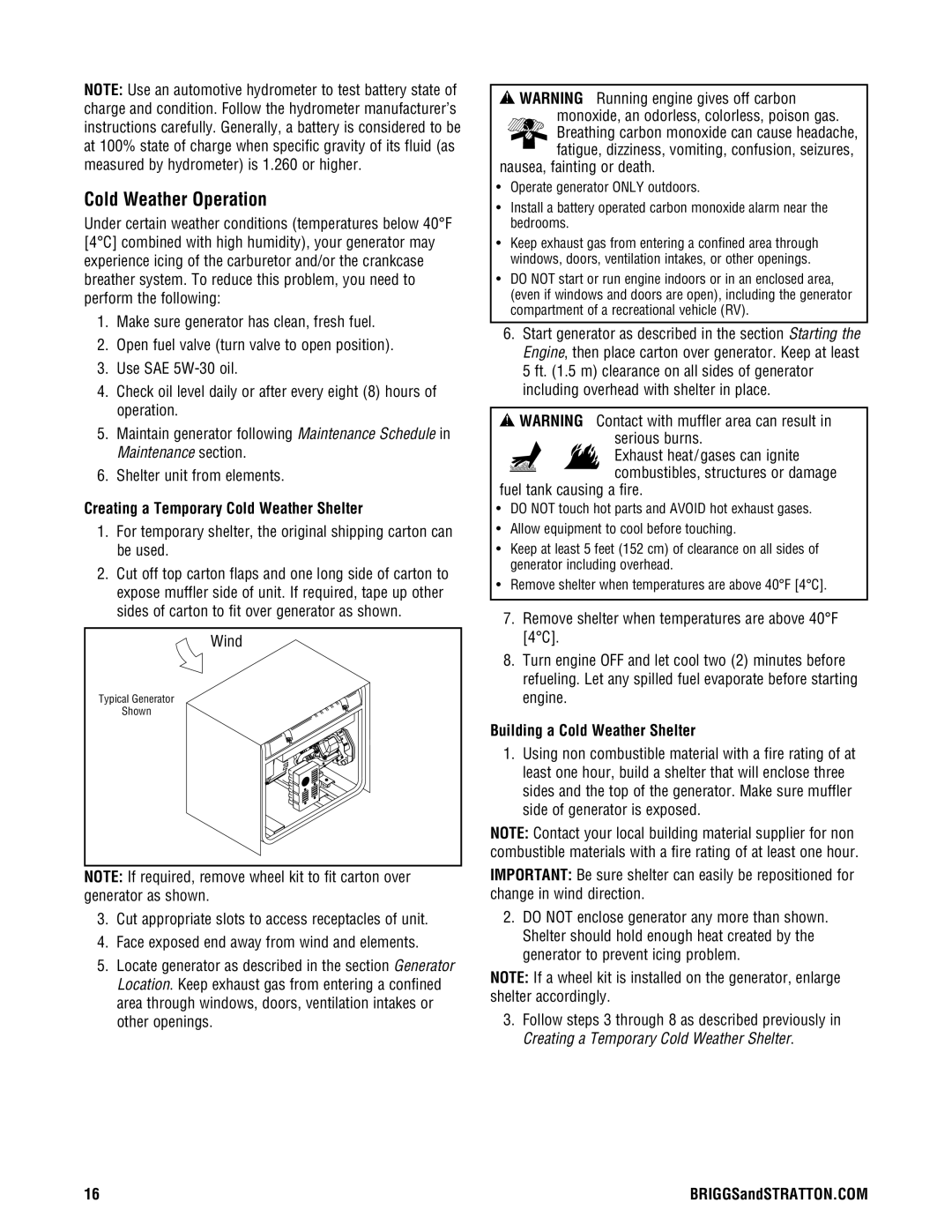 Briggs & Stratton PRO8000 manual Cold Weather Operation, Creating a Temporary Cold Weather Shelter 