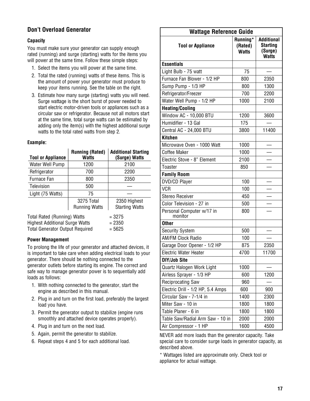 Briggs & Stratton PRO8000 manual Don’t Overload Generator, Wattage Reference Guide 