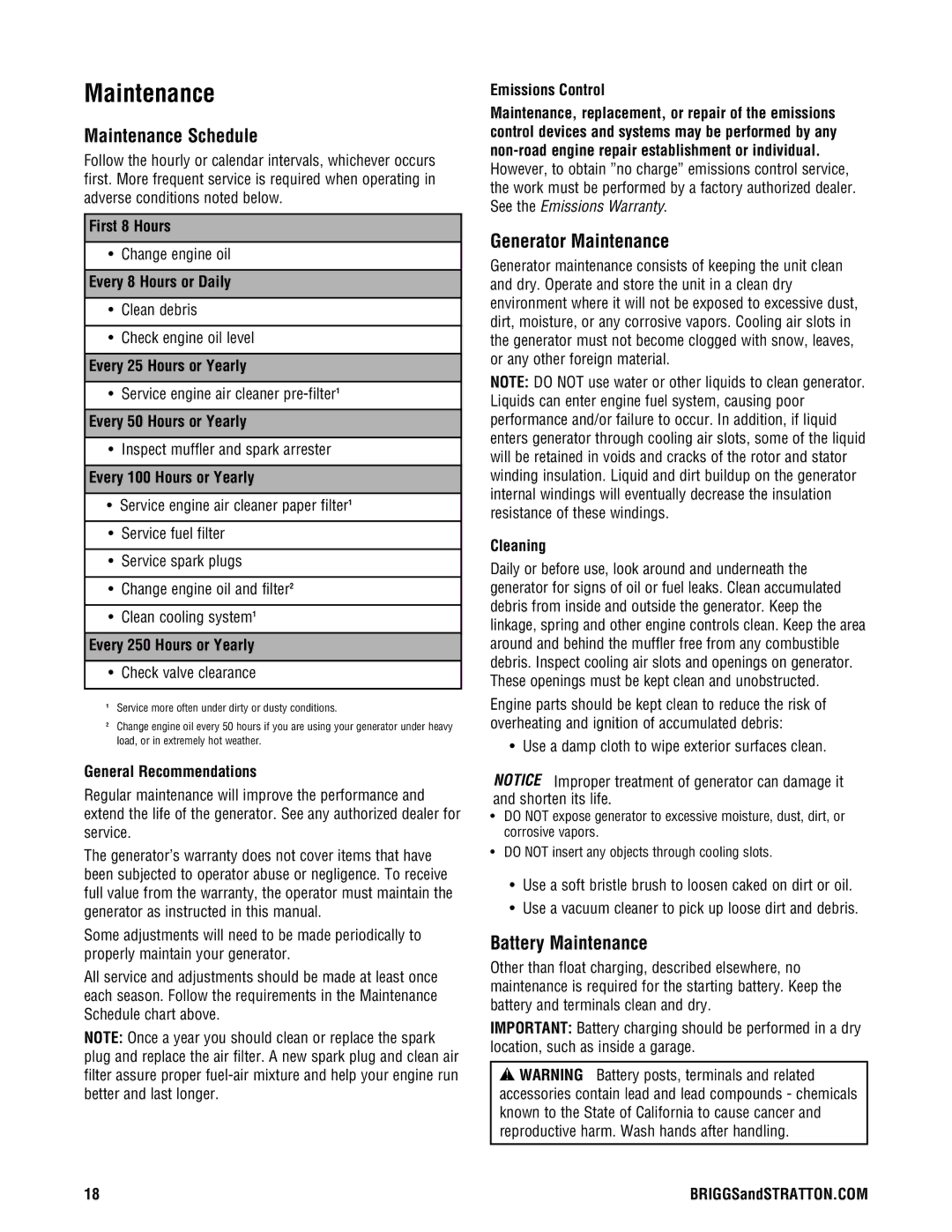 Briggs & Stratton PRO8000 manual Maintenance Schedule, Generator Maintenance, Battery Maintenance 