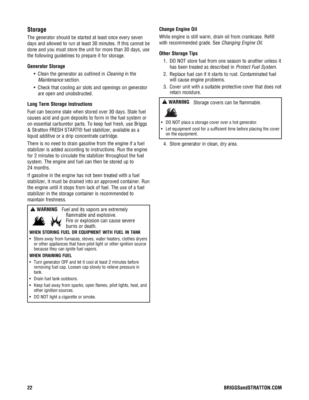 Briggs & Stratton PRO8000 Generator Storage, Long Term Storage Instructions, Change Engine Oil, Other Storage Tips 