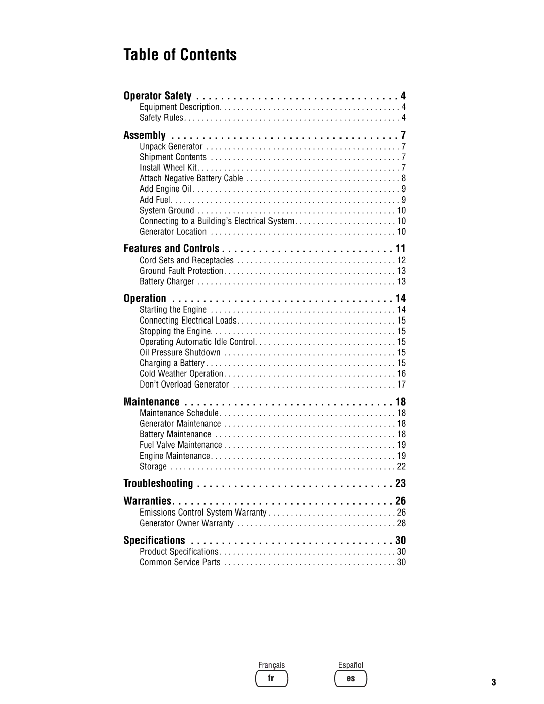 Briggs & Stratton PRO8000 manual Table of Contents 