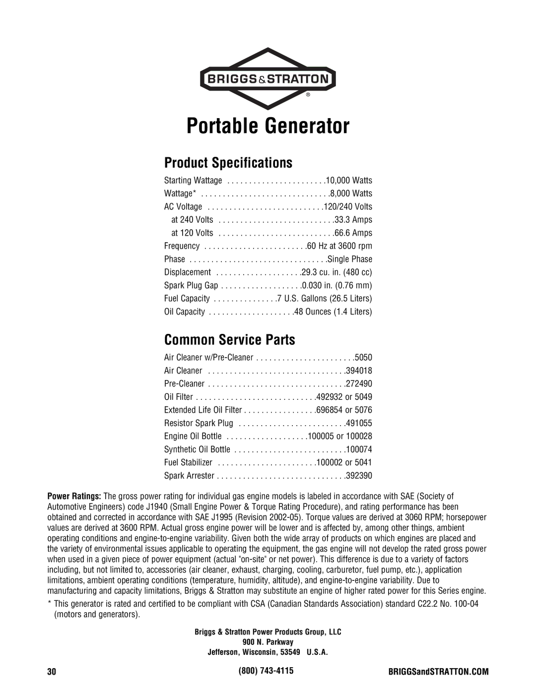 Briggs & Stratton PRO8000 manual Product Specifications, Common Service Parts 