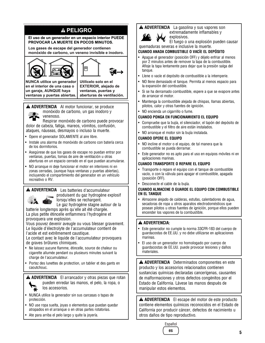 Briggs & Stratton PRO8000 manual Cuando Anada Combustible O Vacíe EL Depósito, Cuando Ponga EN Funcionamiento EL Equipo 