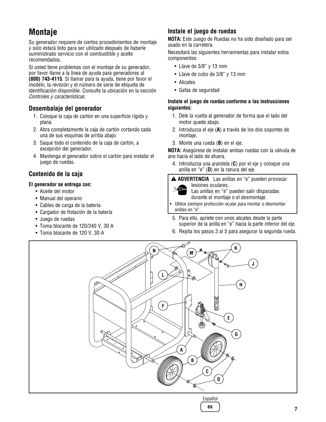 Briggs & Stratton PRO8000 manual Montaje, Desembalaje del generador, Contenido de la caja, Instale el juego de ruedas 