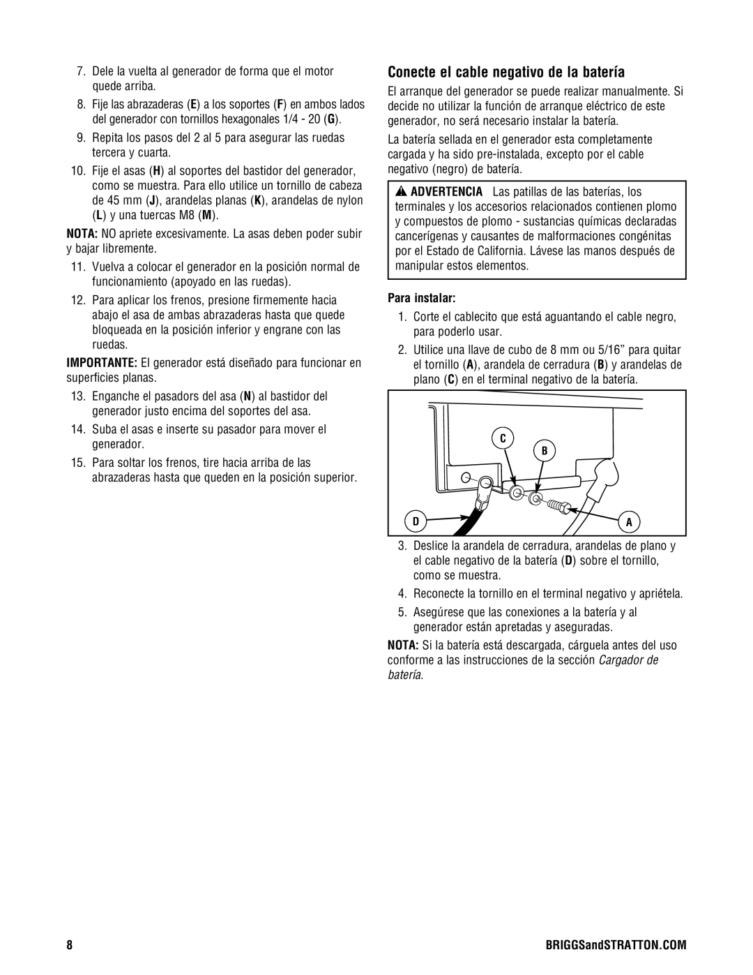 Briggs & Stratton PRO8000 manual Conecte el cable negativo de la batería, Para instalar 