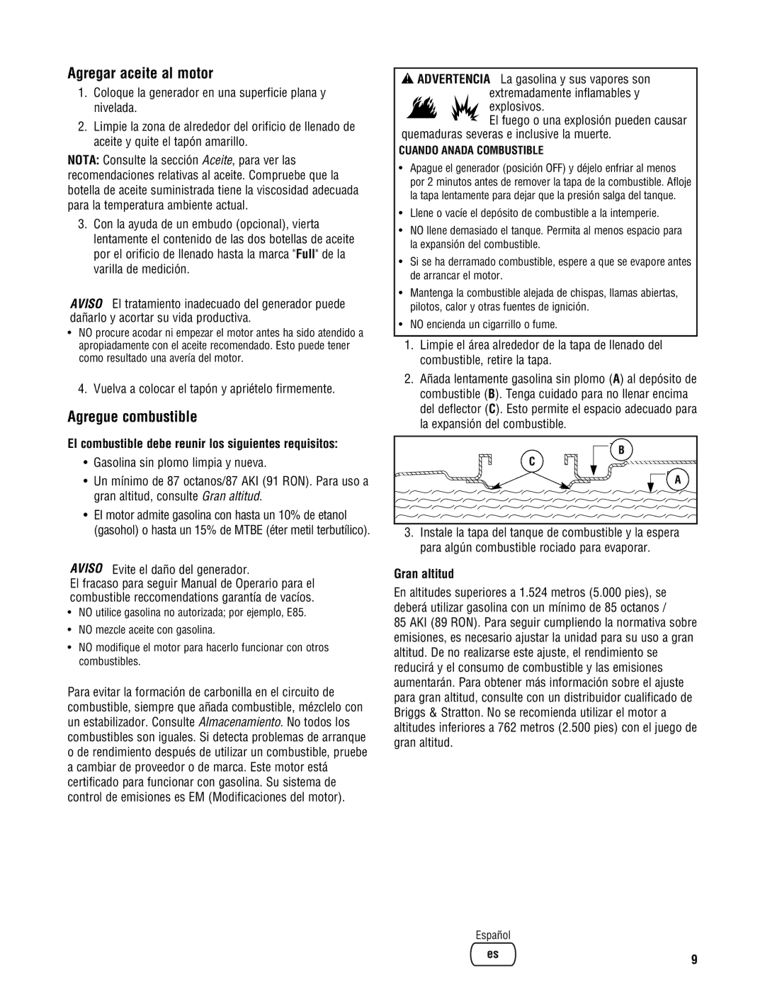 Briggs & Stratton PRO8000 manual Agregar aceite al motor, Agregue combustible, Gran altitud 