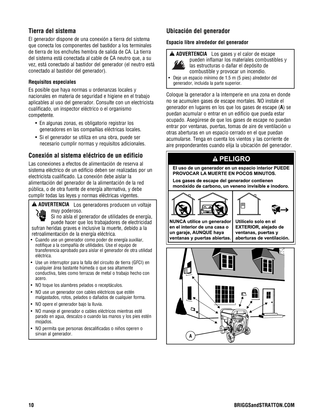 Briggs & Stratton PRO8000 manual Tierra del sistema, Conexión al sistema eléctrico de un edificio, Ubicación del generador 