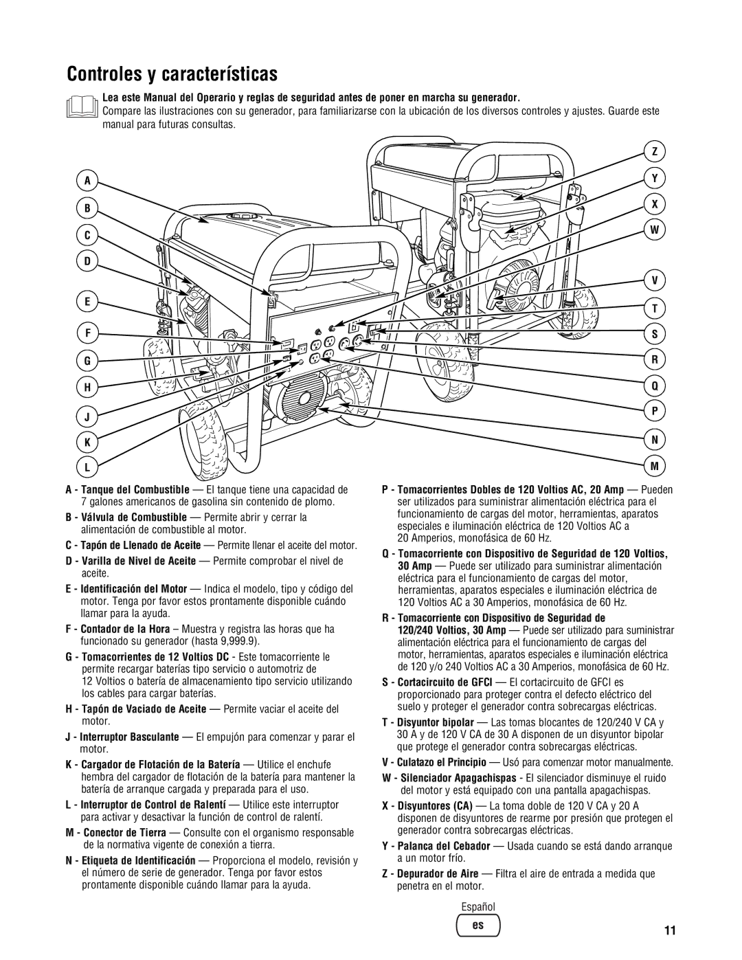 Briggs & Stratton PRO8000 manual Controles y características, Amperios, monofásica de 60 Hz 