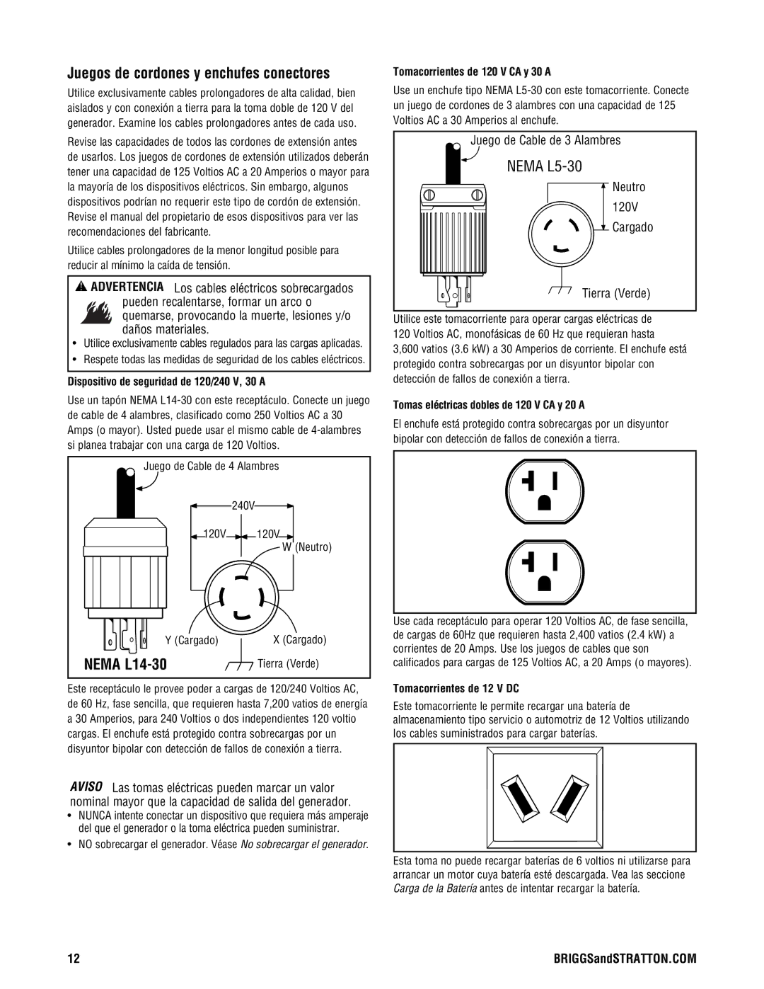 Briggs & Stratton PRO8000 manual Juegos de cordones y enchufes conectores, Juego de Cable de 3 Alambres 