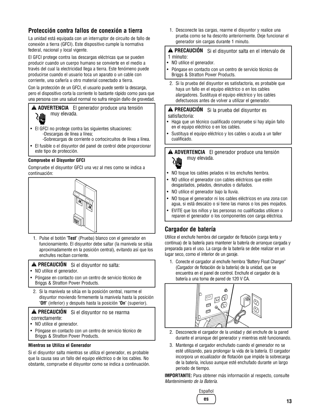 Briggs & Stratton PRO8000 manual Protección contra fallos de conexión a tierra, Cargador de batería 