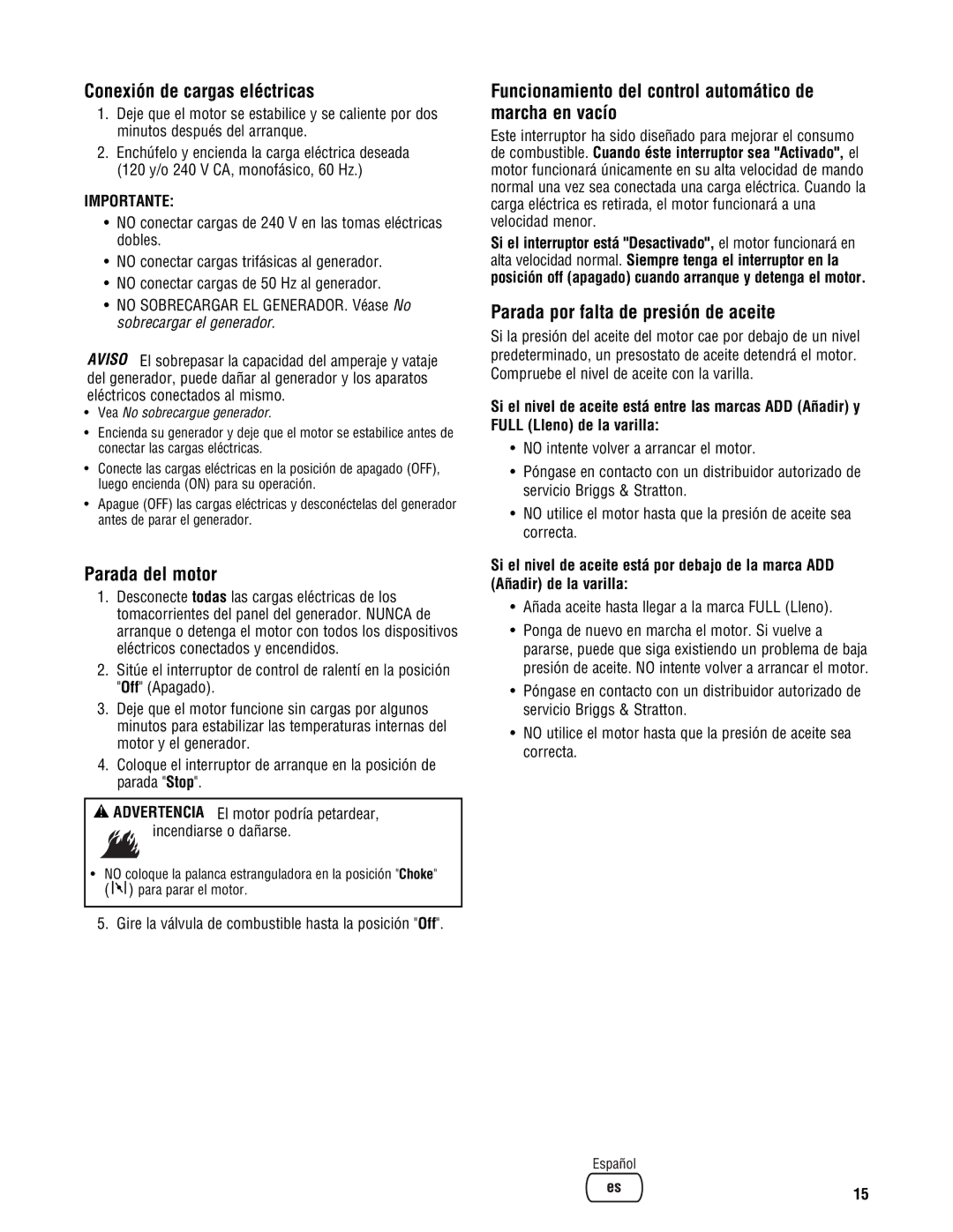 Briggs & Stratton PRO8000 manual Conexión de cargas eléctricas, Parada del motor, Parada por falta de presión de aceite 