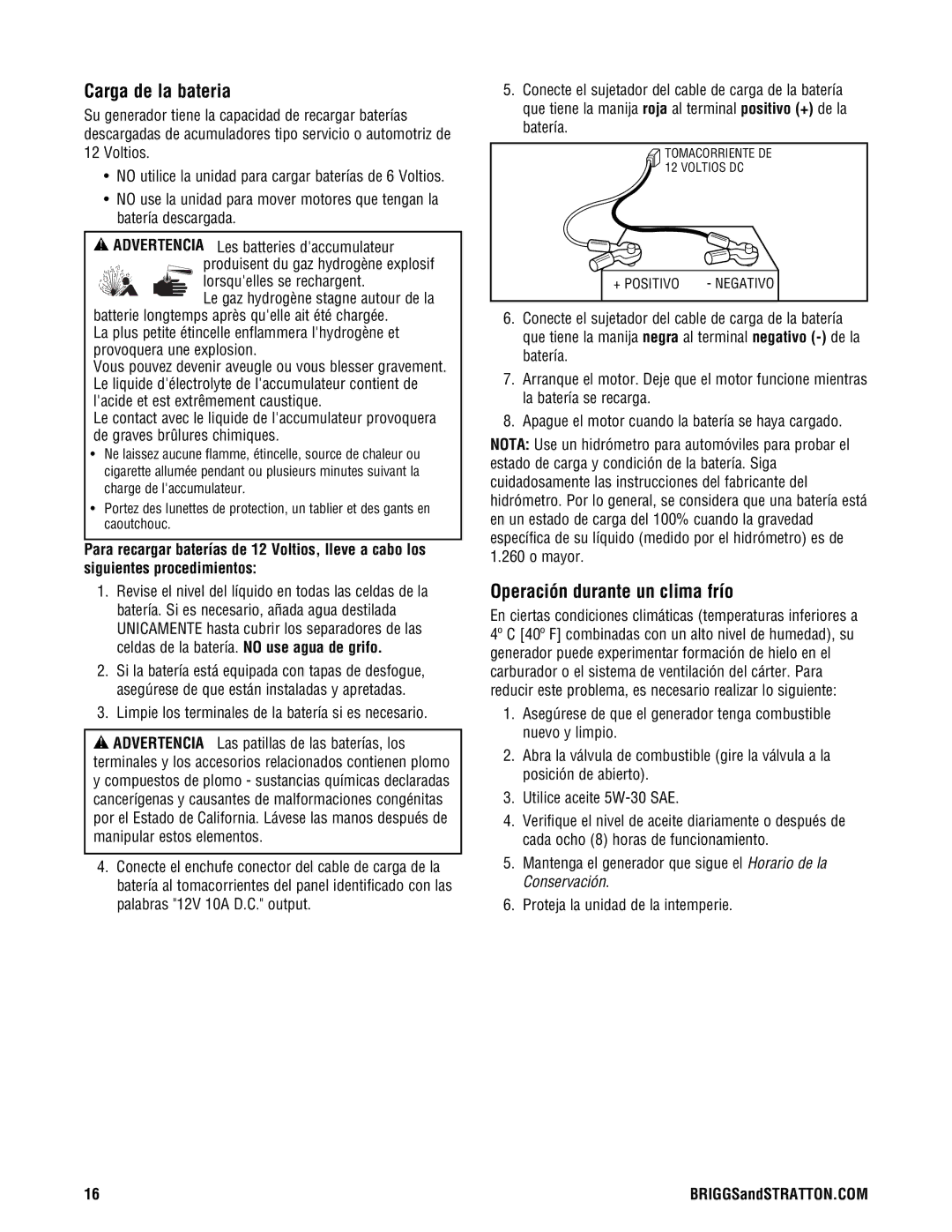 Briggs & Stratton PRO8000 manual Carga de la bateria, Operación durante un clima frío 