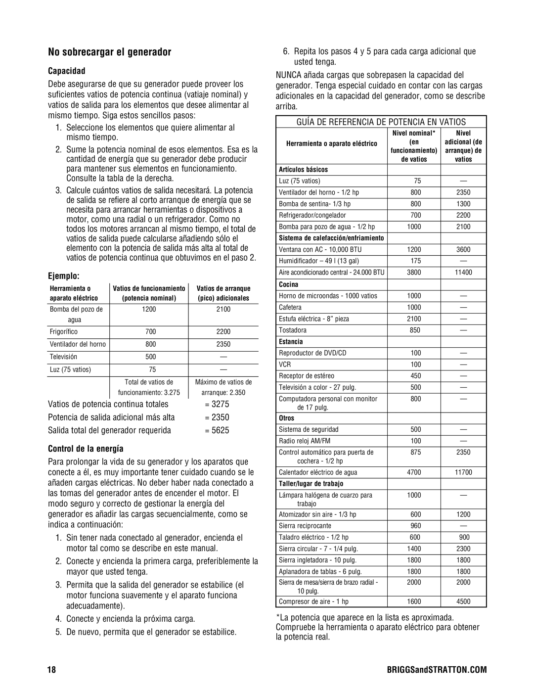 Briggs & Stratton PRO8000 manual No sobrecargar el generador, Capacidad, Ejemplo, Control de la energía 