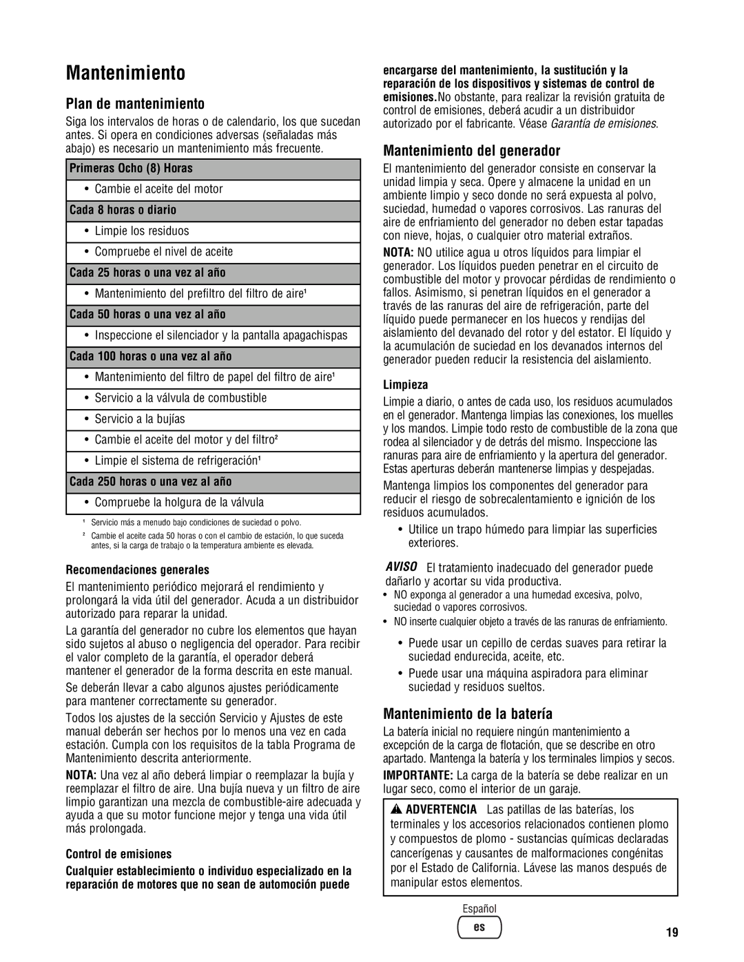 Briggs & Stratton PRO8000 manual Plan de mantenimiento, Mantenimiento del generador, Mantenimiento de la batería 