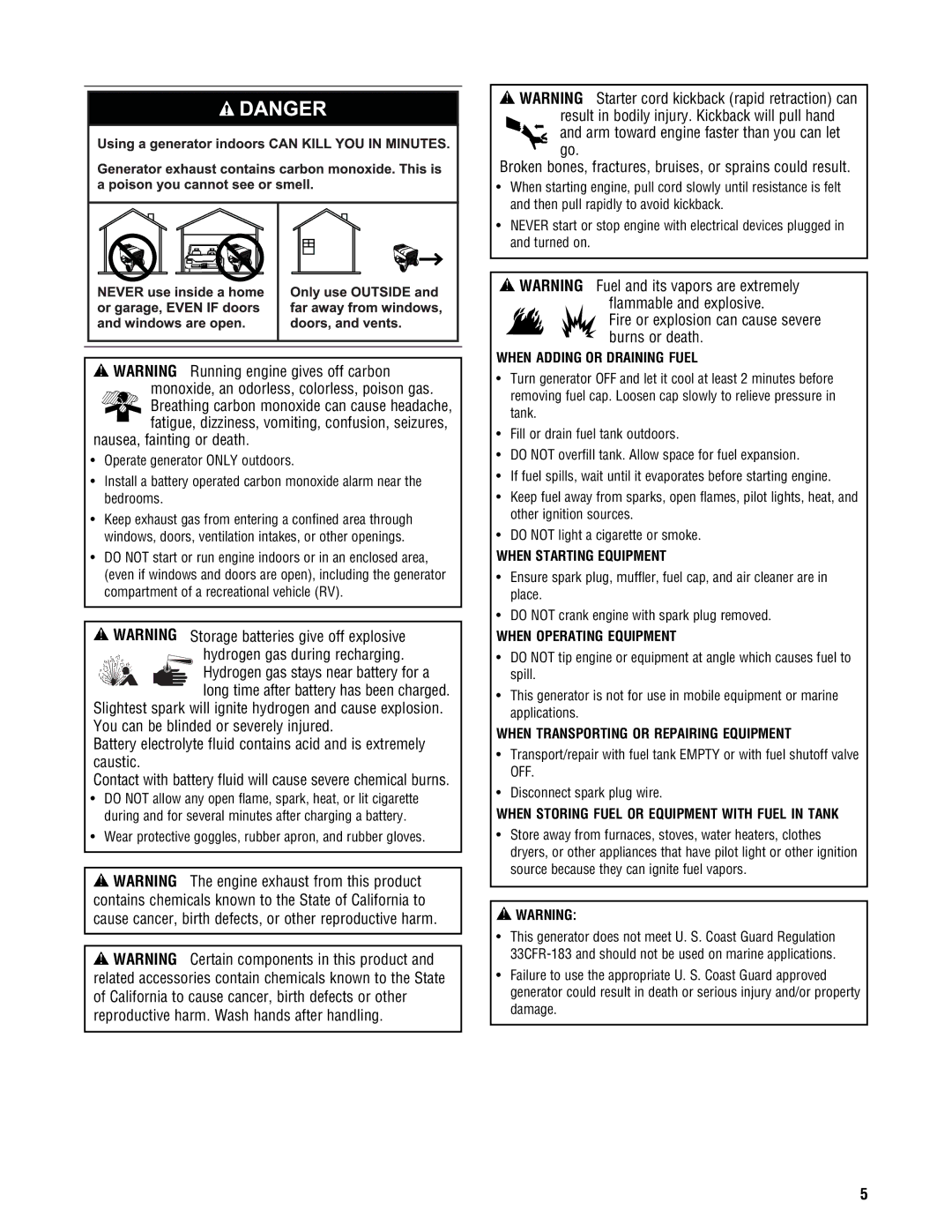 Briggs & Stratton PRO8000 manual Monoxide, an odorless, colorless, poison gas, Nausea, fainting or death 