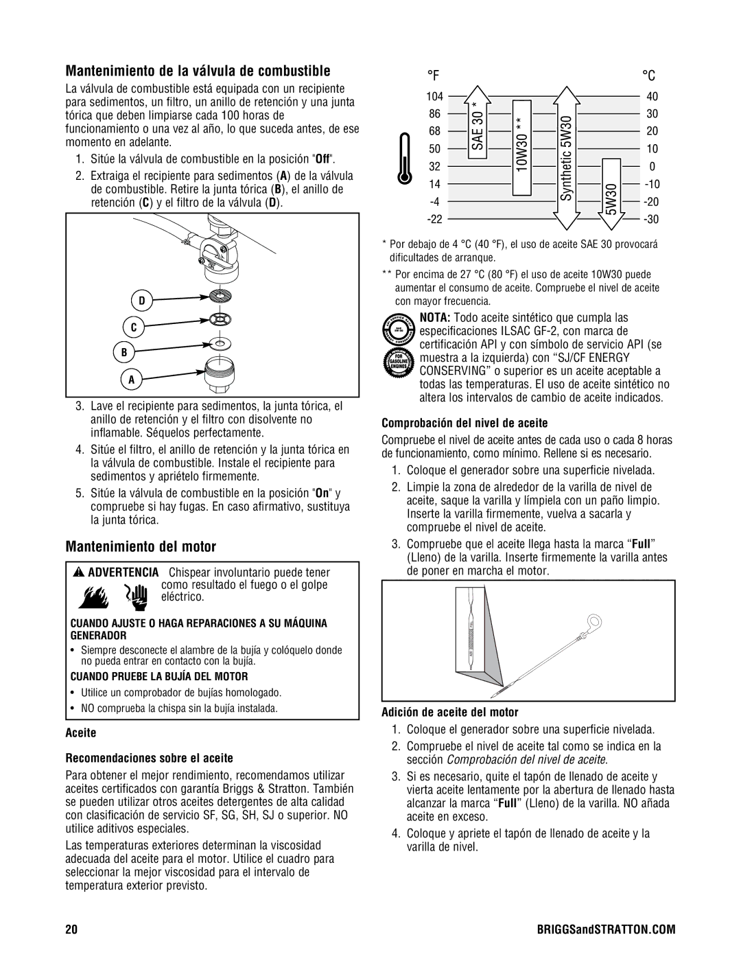 Briggs & Stratton PRO8000 manual Mantenimiento de la válvula de combustible, Mantenimiento del motor 