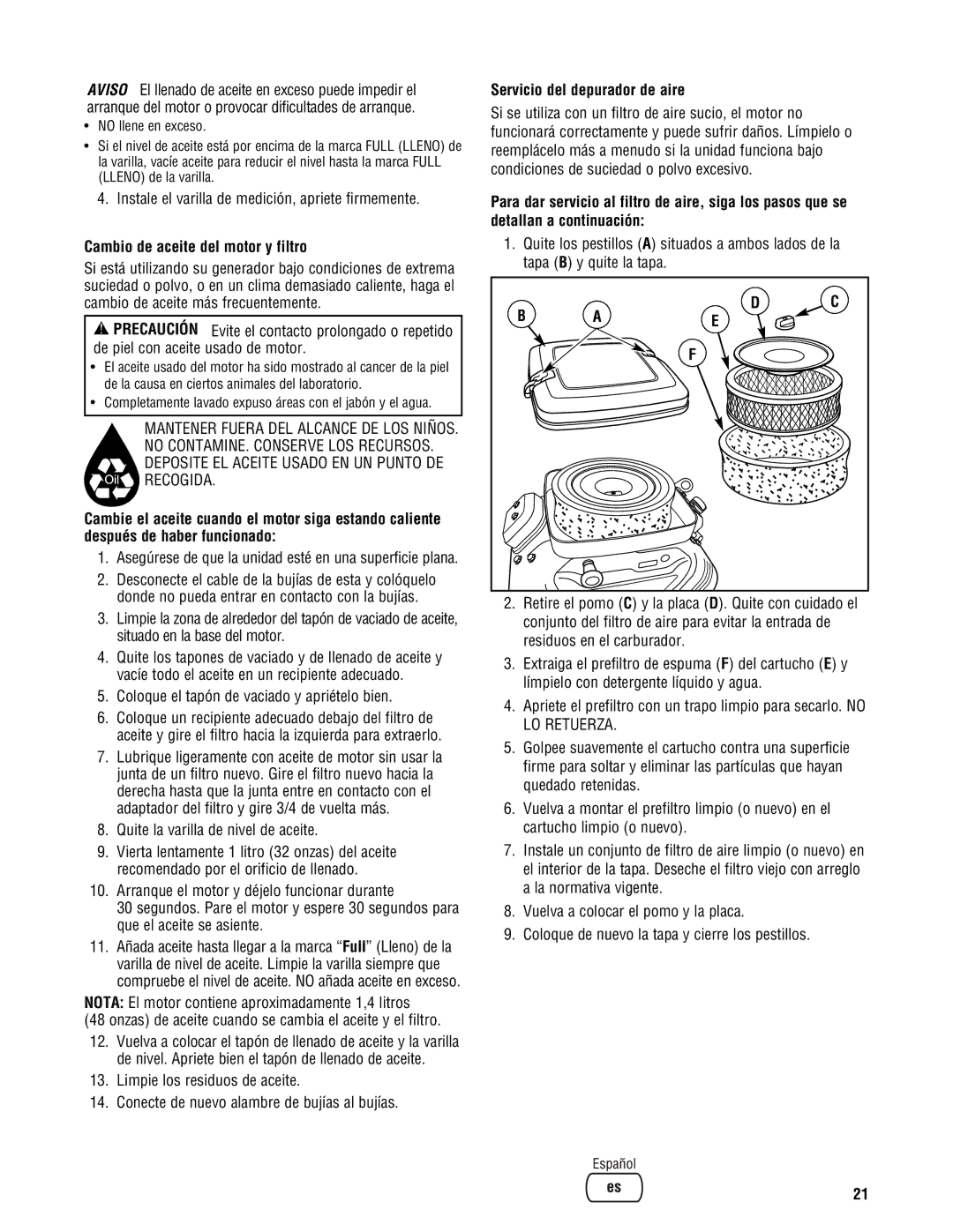 Briggs & Stratton PRO8000 manual Instale el varilla de medición, apriete firmemente, Cambio de aceite del motor y filtro 