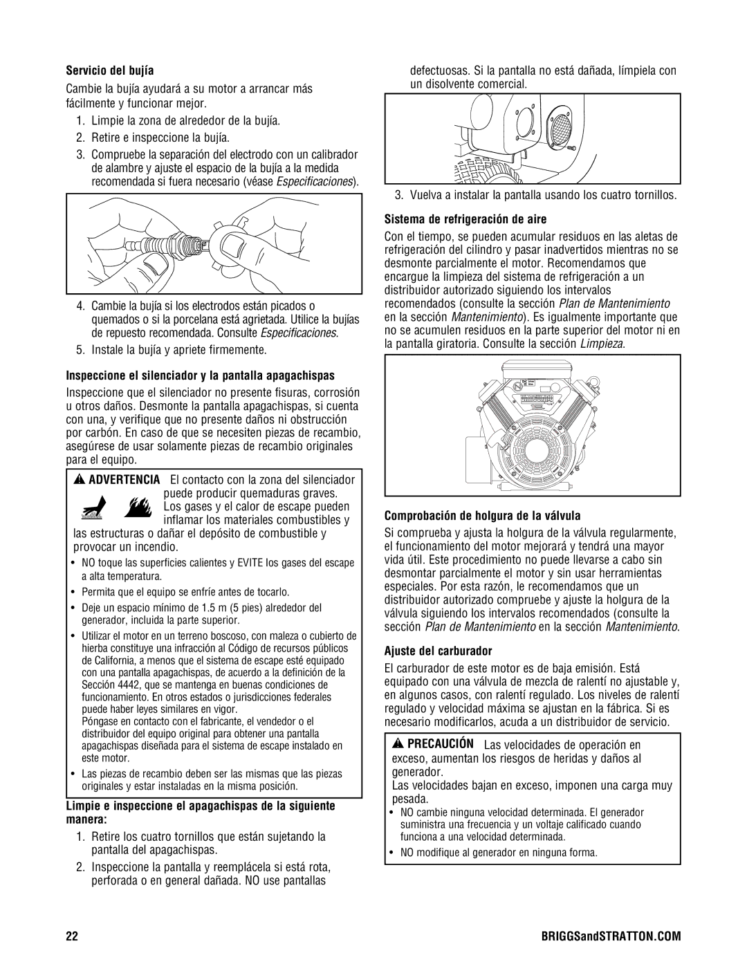 Briggs & Stratton PRO8000 Servicio del bujía, Inspeccione el silenciador y la pantalla apagachispas, Ajuste del carburador 