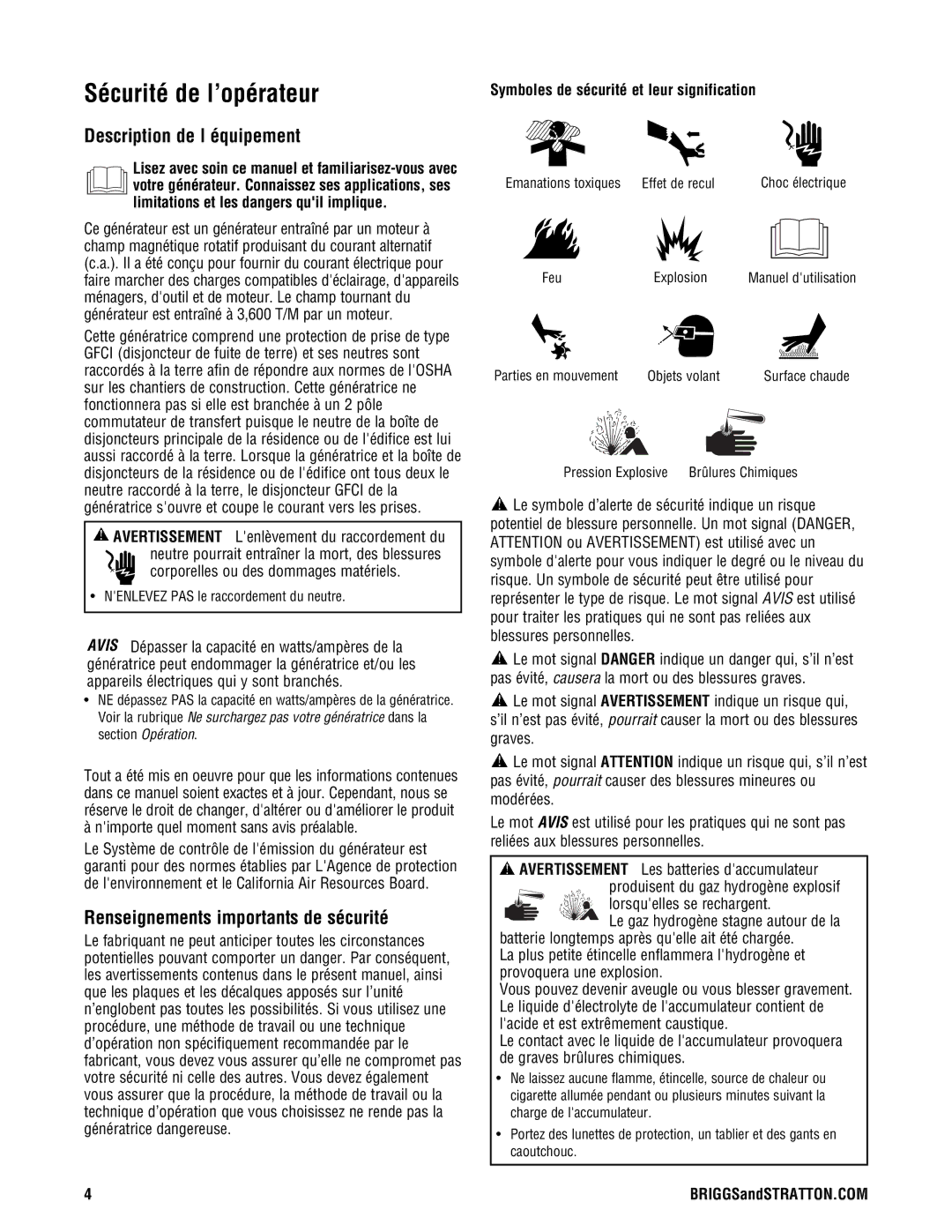 Briggs & Stratton PRO8000 Sécurité de l’opérateur, Description de l équipement, Renseignements importants de sécurité 