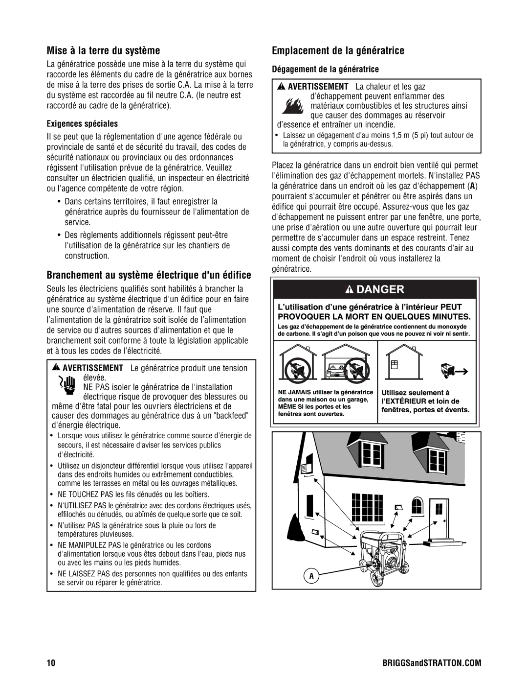 Briggs & Stratton PRO8000 manual Mise à la terre du système, Emplacement de la génératrice, Exigences spéciales 