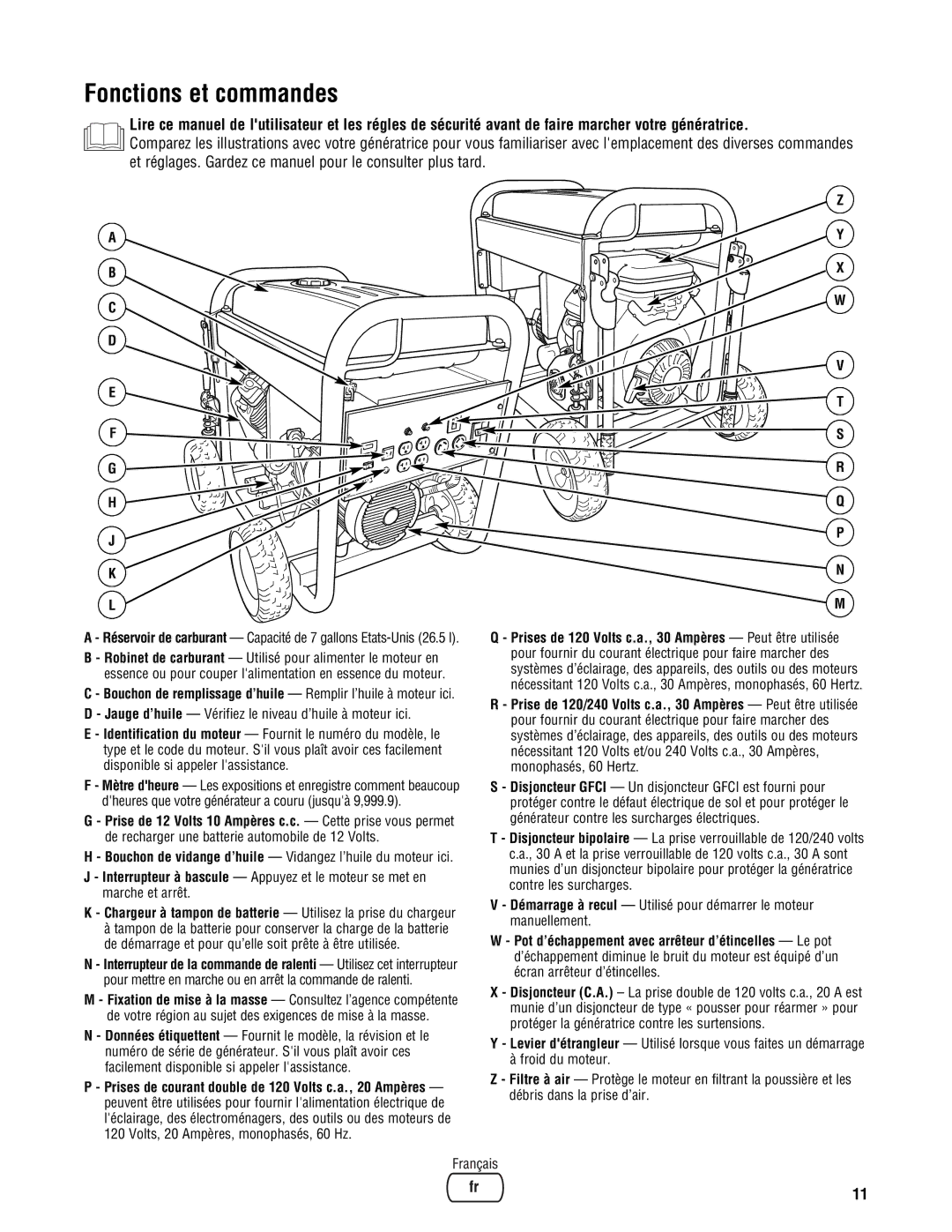 Briggs & Stratton PRO8000 manual Fonctions et commandes, Chargeur à tampon de batterie Utilisez la prise du chargeur 