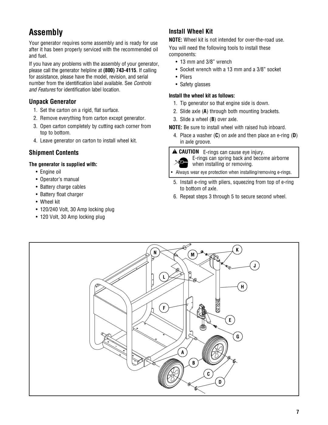 Briggs & Stratton PRO8000 manual Assembly, Install Wheel Kit, Unpack Generator, Shipment Contents 