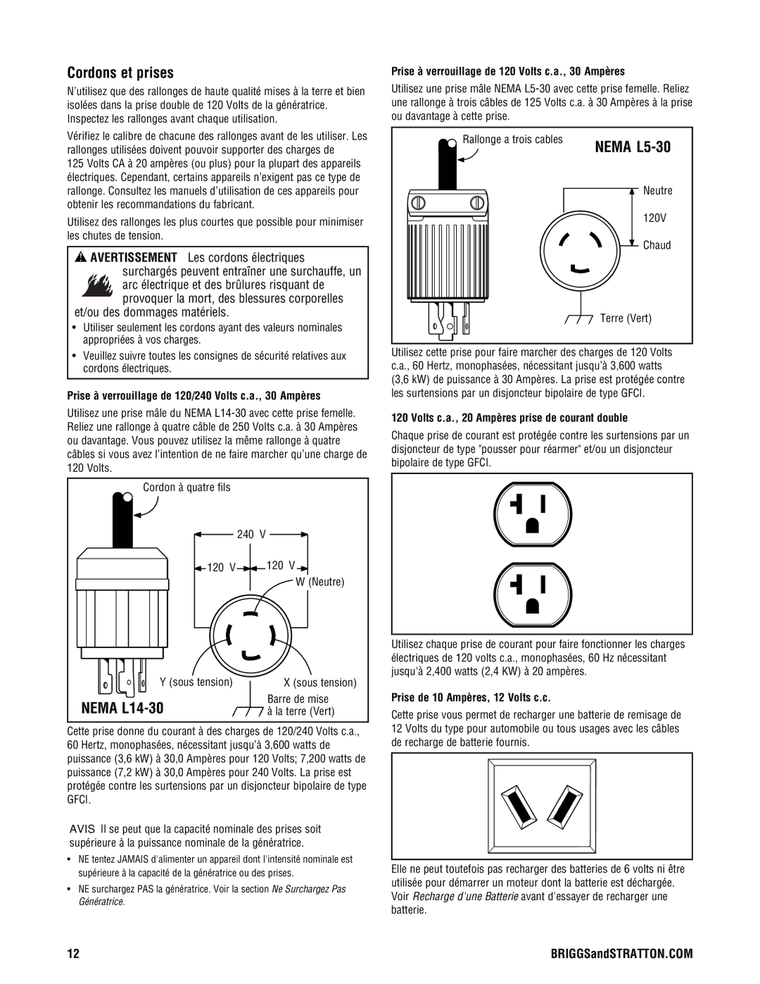 Briggs & Stratton PRO8000 manual Cordons et prises, Et/ou des dommages matériels 