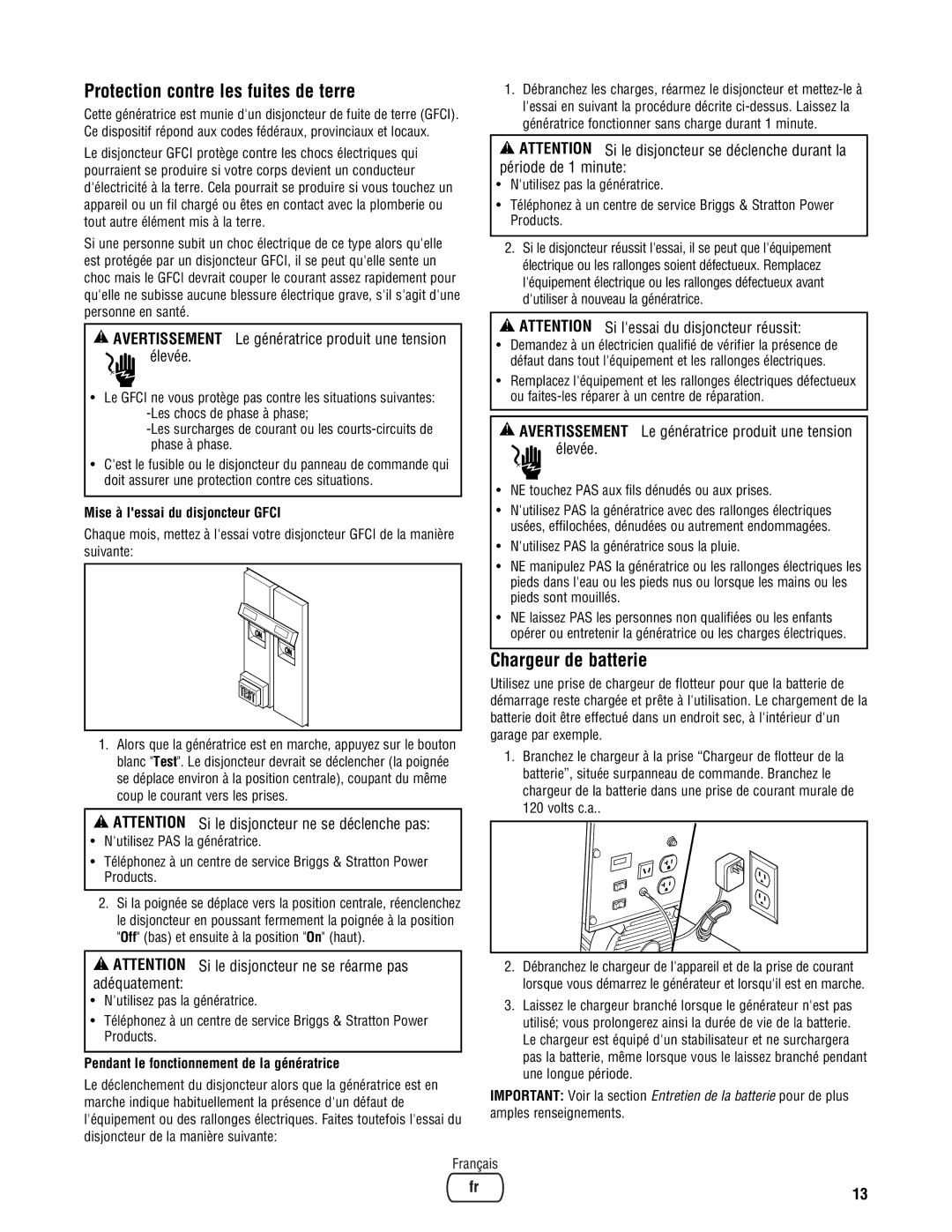 Briggs & Stratton PRO8000 Protection contre les fuites de terre, Chargeur de batterie, Mise à lessai du disjoncteur Gfci 