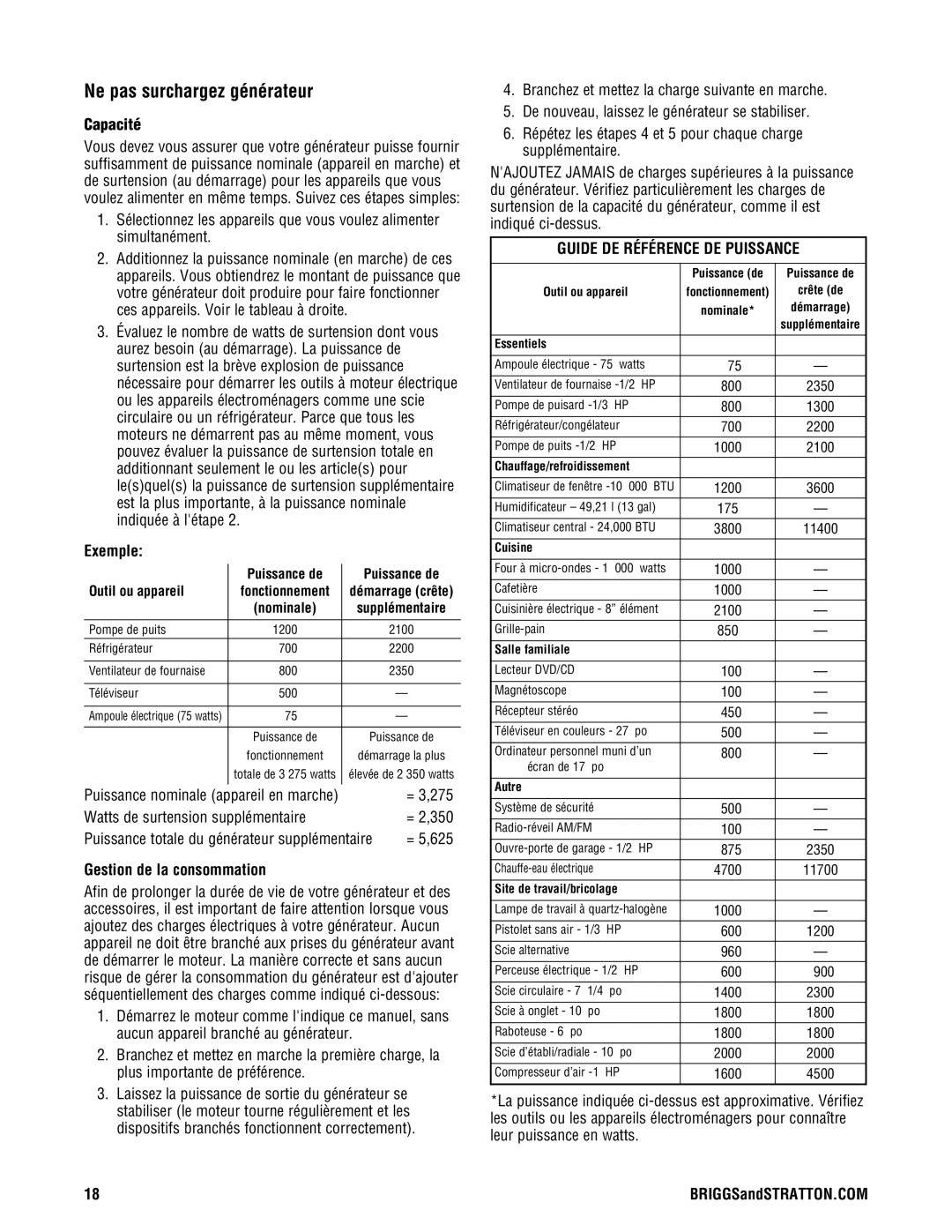 Briggs & Stratton PRO8000 manual Ne pas surchargez générateur, Exemple, Gestion de la consommation 