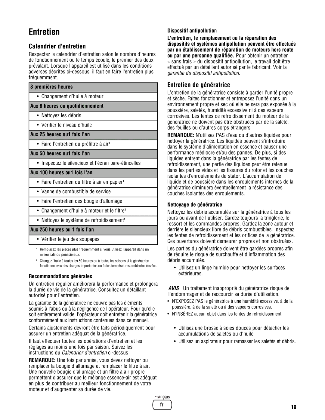 Briggs & Stratton PRO8000 manual Calendrier dentretien, Entretien de génératrice 