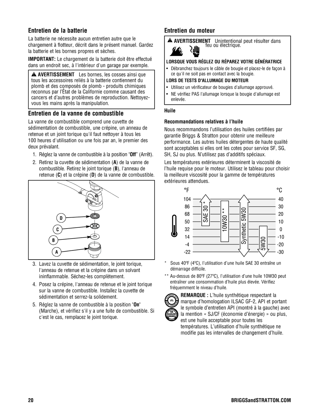 Briggs & Stratton PRO8000 manual Entretien de la batterie, Entretien de la vanne de combustible, Entretien du moteur 