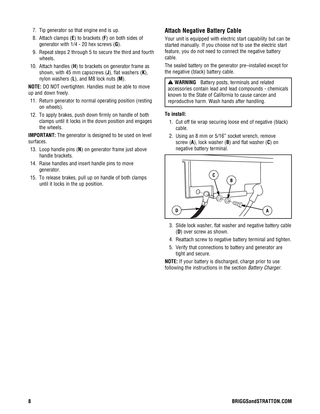 Briggs & Stratton PRO8000 manual Attach Negative Battery Cable, Tip generator so that engine end is up, To install 