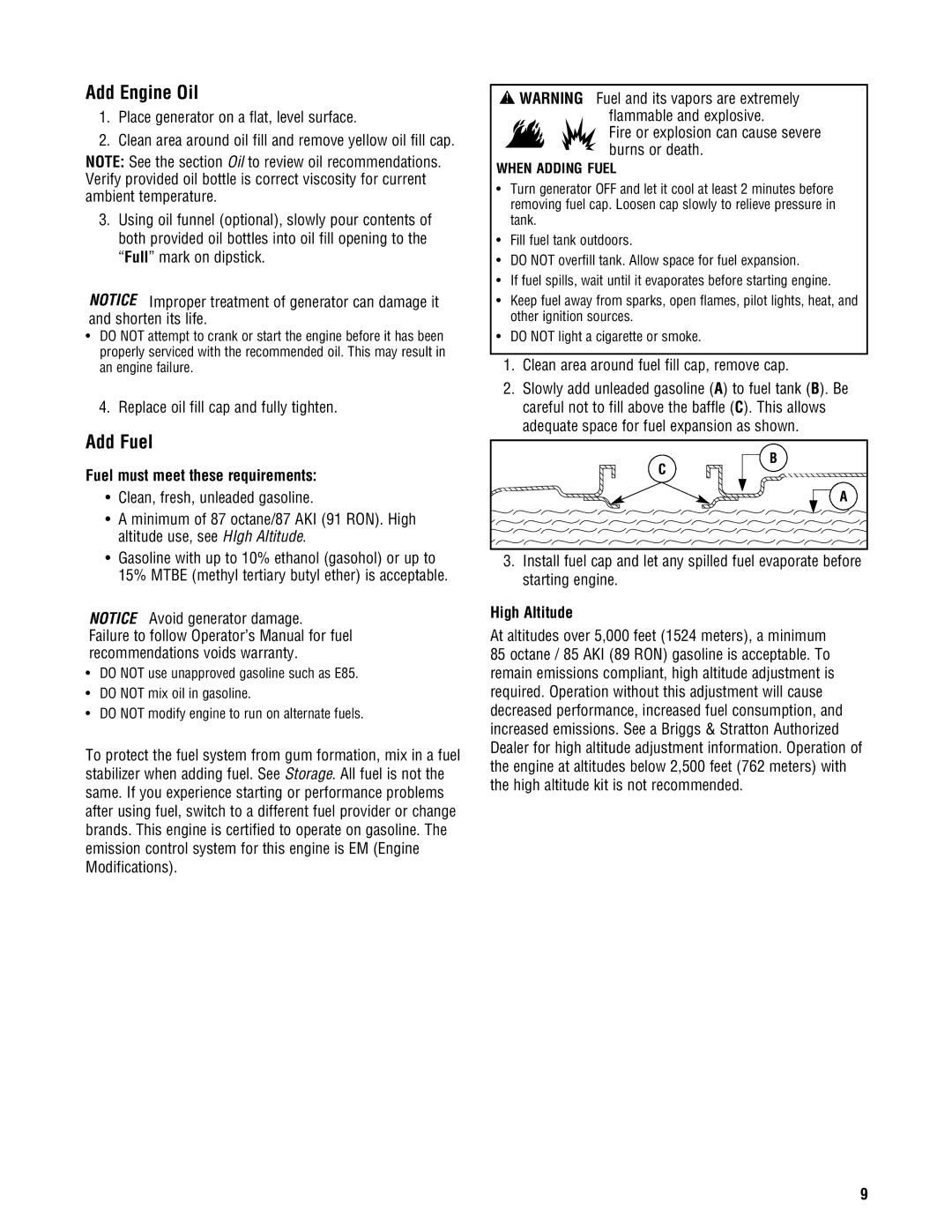 Briggs & Stratton PRO8000 manual Add Engine Oil, Add Fuel, Fuel must meet these requirements, High Altitude 