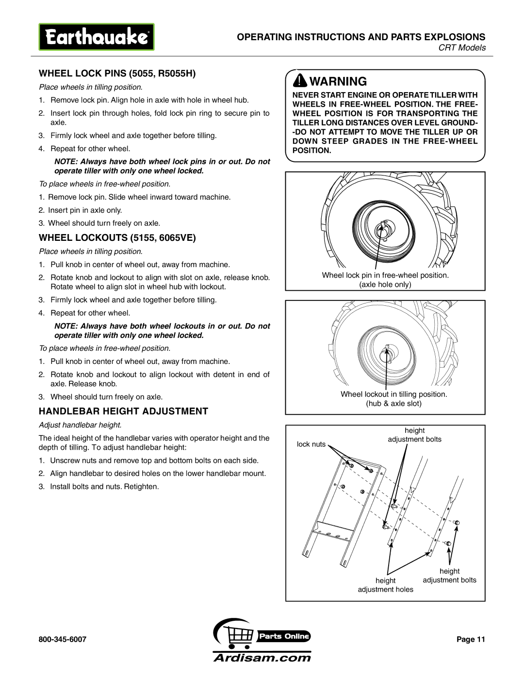 Briggs & Stratton 5055 6 HP manual Wheel Lock pins 5055, R5055H, Wheel Lockouts 5155, 6065VE, Handlebar height Adjustment 