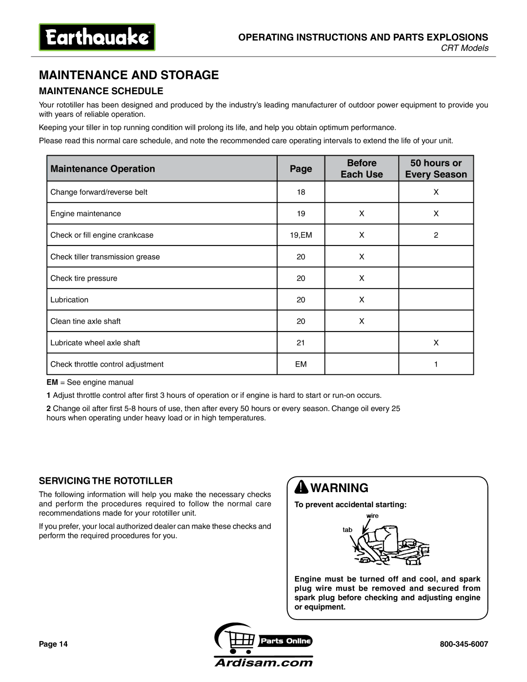 Briggs & Stratton 5055 6 HP manual Maintenance Schedule, Maintenance Operation Before Hours or, Servicing the Rototiller 