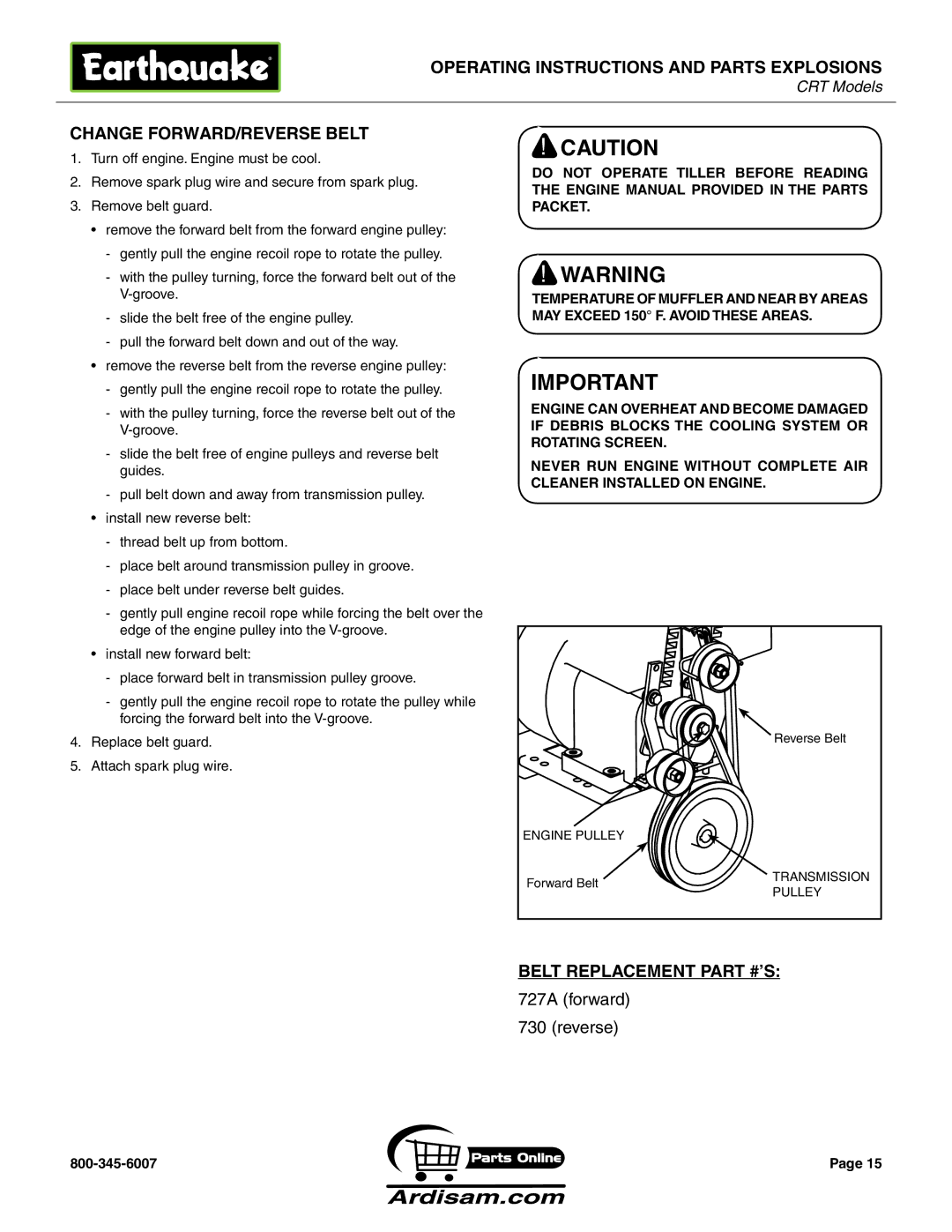 Briggs & Stratton R5055H 5.5 HP, 5155 6 HP, 5055 6 HP manual Change Forward/Reverse Belt, Belt replacement ’s 