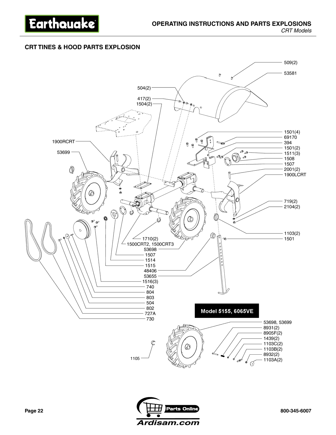 Briggs & Stratton 5155 6 HP, R5055H 5.5 HP, 5055 6 HP manual CRT Tines & Hood parts explosion 