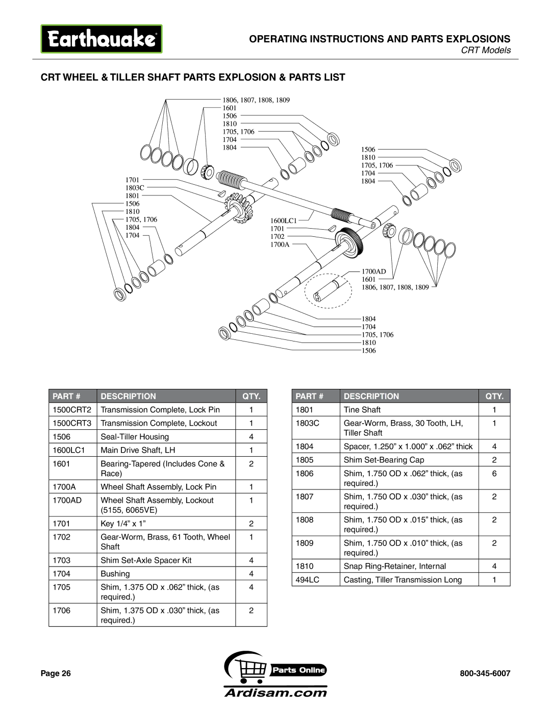 Briggs & Stratton 5055 6 HP, R5055H 5.5 HP, 5155 6 HP manual CRT Wheel & Tiller Shaft Parts Explosion & pARTS List 