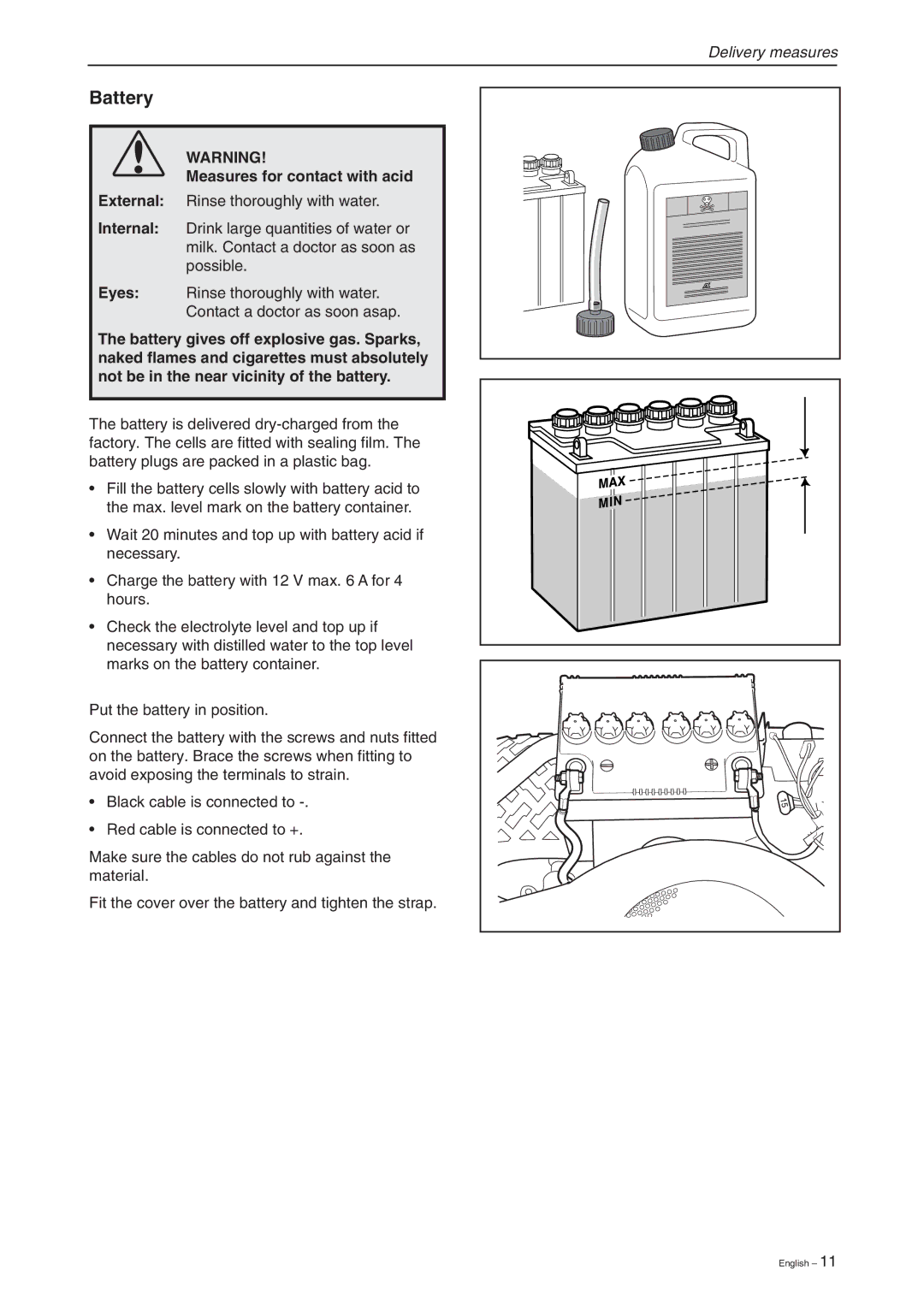 Briggs & Stratton RIDER 13 BIO, RIDER 11 BIO, RIDER 16 manual Battery, Measures for contact with acid 