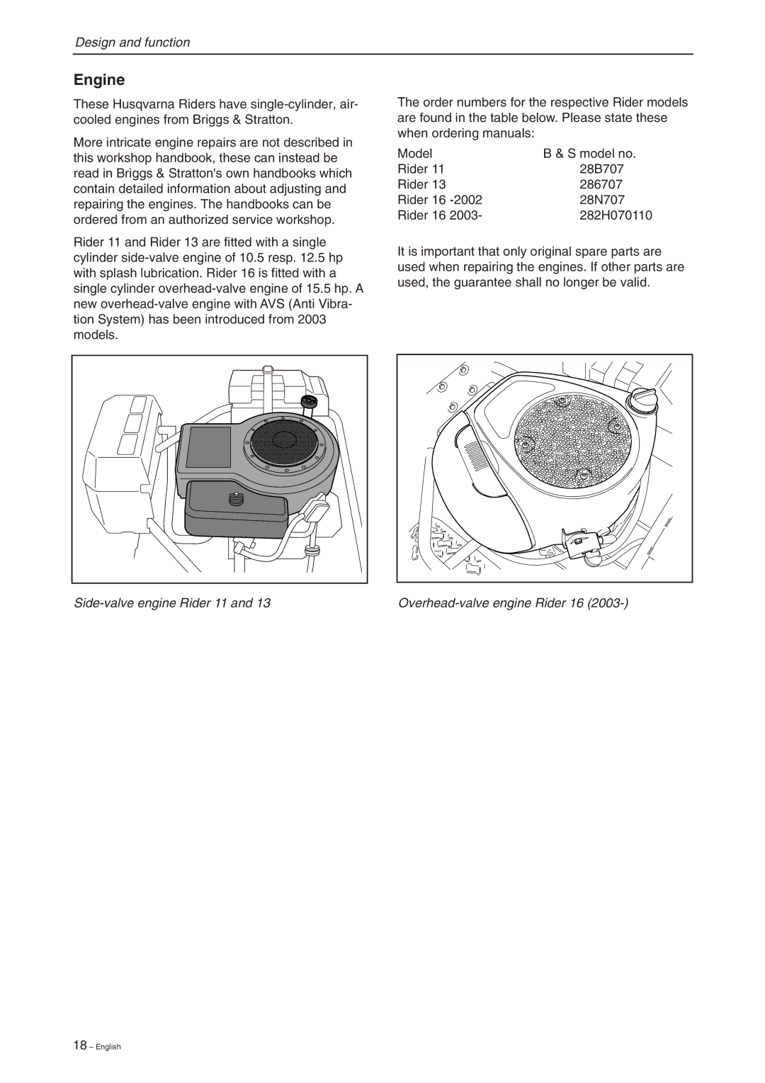 Briggs & Stratton RIDER 11 BIO, RIDER 16, RIDER 13 BIO manual Engine 