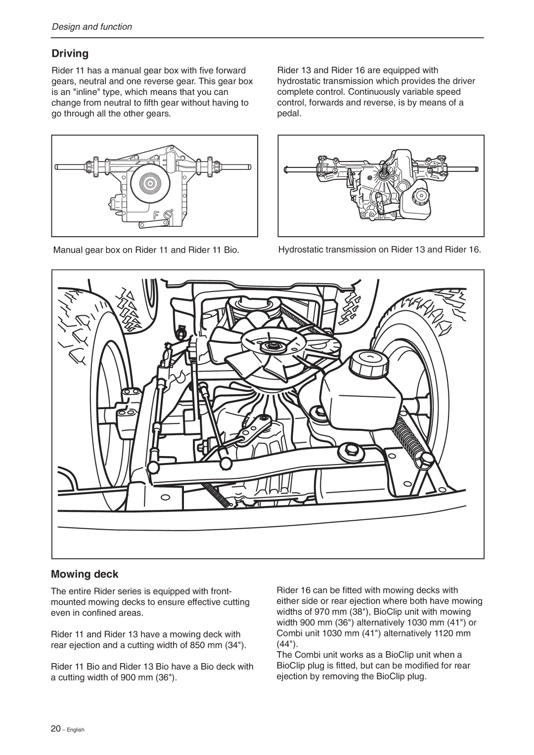 Briggs & Stratton RIDER 16, RIDER 11 BIO, RIDER 13 BIO manual Driving, Mowing deck 