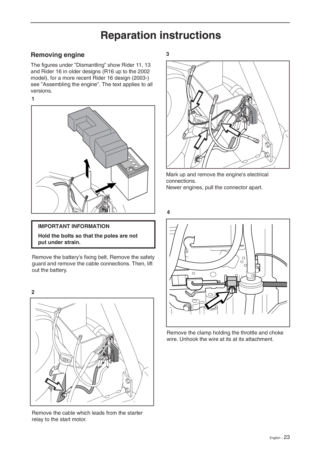 Briggs & Stratton RIDER 11 BIO, RIDER 16, RIDER 13 BIO manual Reparation instructions, Removing engine 