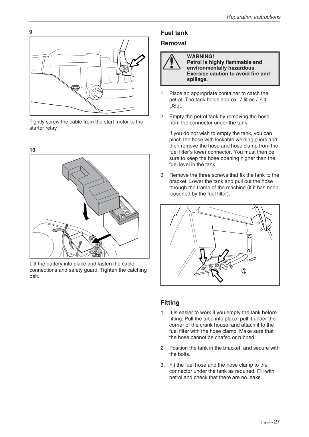 Briggs & Stratton RIDER 11 BIO, RIDER 16, RIDER 13 BIO manual Fuel tank Removal, Fitting 