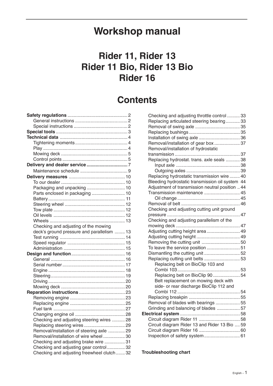 Briggs & Stratton RIDER 13 BIO, RIDER 11 BIO Workshop manual, Rider 11, Rider Rider 11 Bio, Rider 13 Bio Contents 