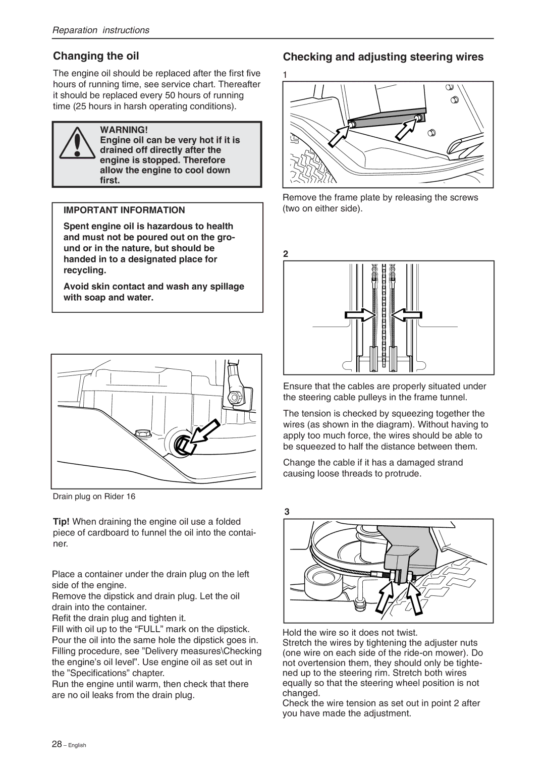 Briggs & Stratton RIDER 11 BIO, RIDER 16, RIDER 13 BIO manual Changing the oil, Checking and adjusting steering wires 