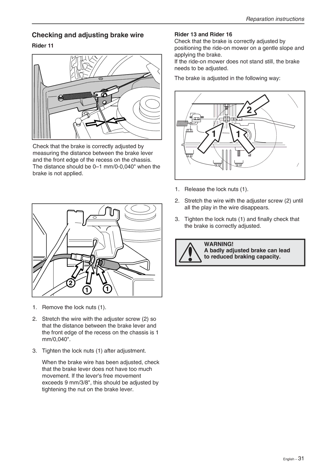 Briggs & Stratton RIDER 13 BIO, RIDER 11 BIO, RIDER 16 manual Checking and adjusting brake wire, Rider 13 and Rider 