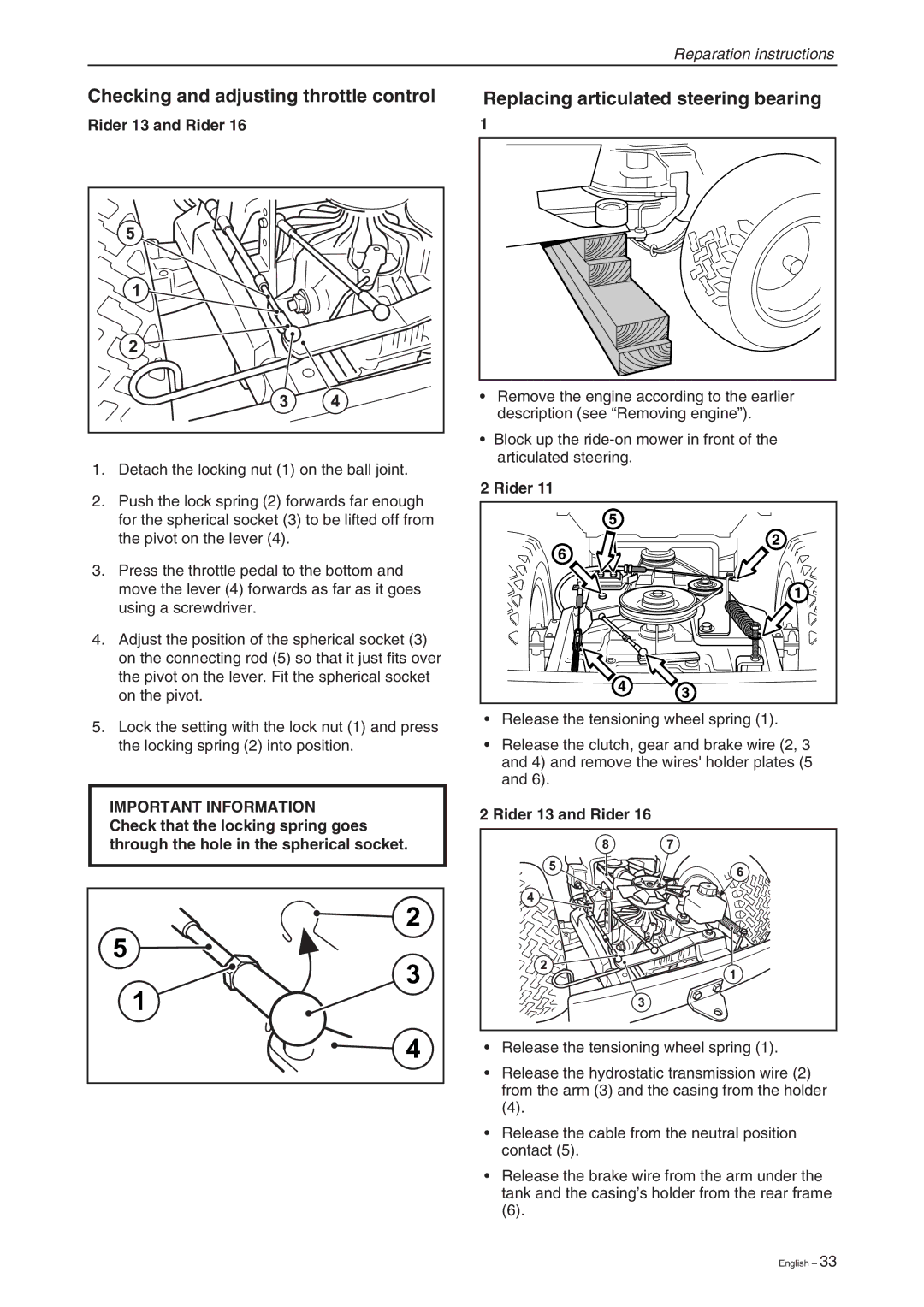 Briggs & Stratton RIDER 11 BIO manual Checking and adjusting throttle control, Replacing articulated steering bearing 