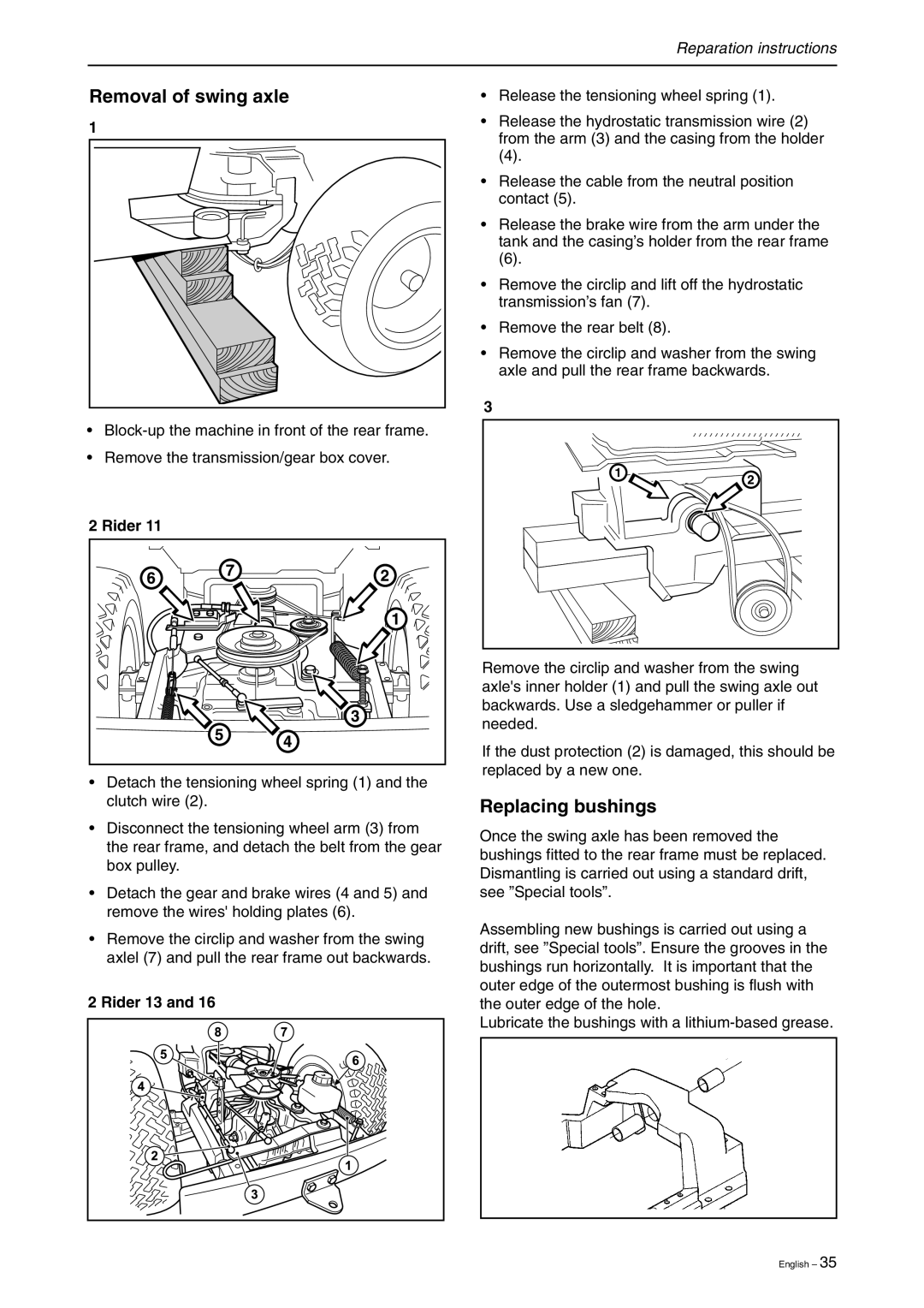 Briggs & Stratton RIDER 16, RIDER 11 BIO, RIDER 13 BIO manual Removal of swing axle, Replacing bushings, Rider 13 