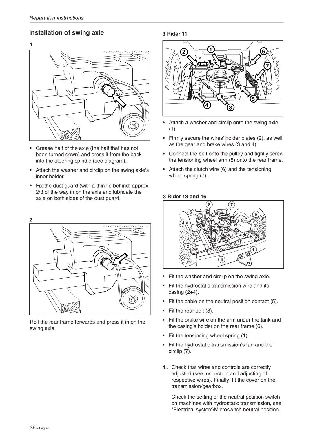 Briggs & Stratton RIDER 13 BIO, RIDER 11 BIO, RIDER 16 manual Installation of swing axle 