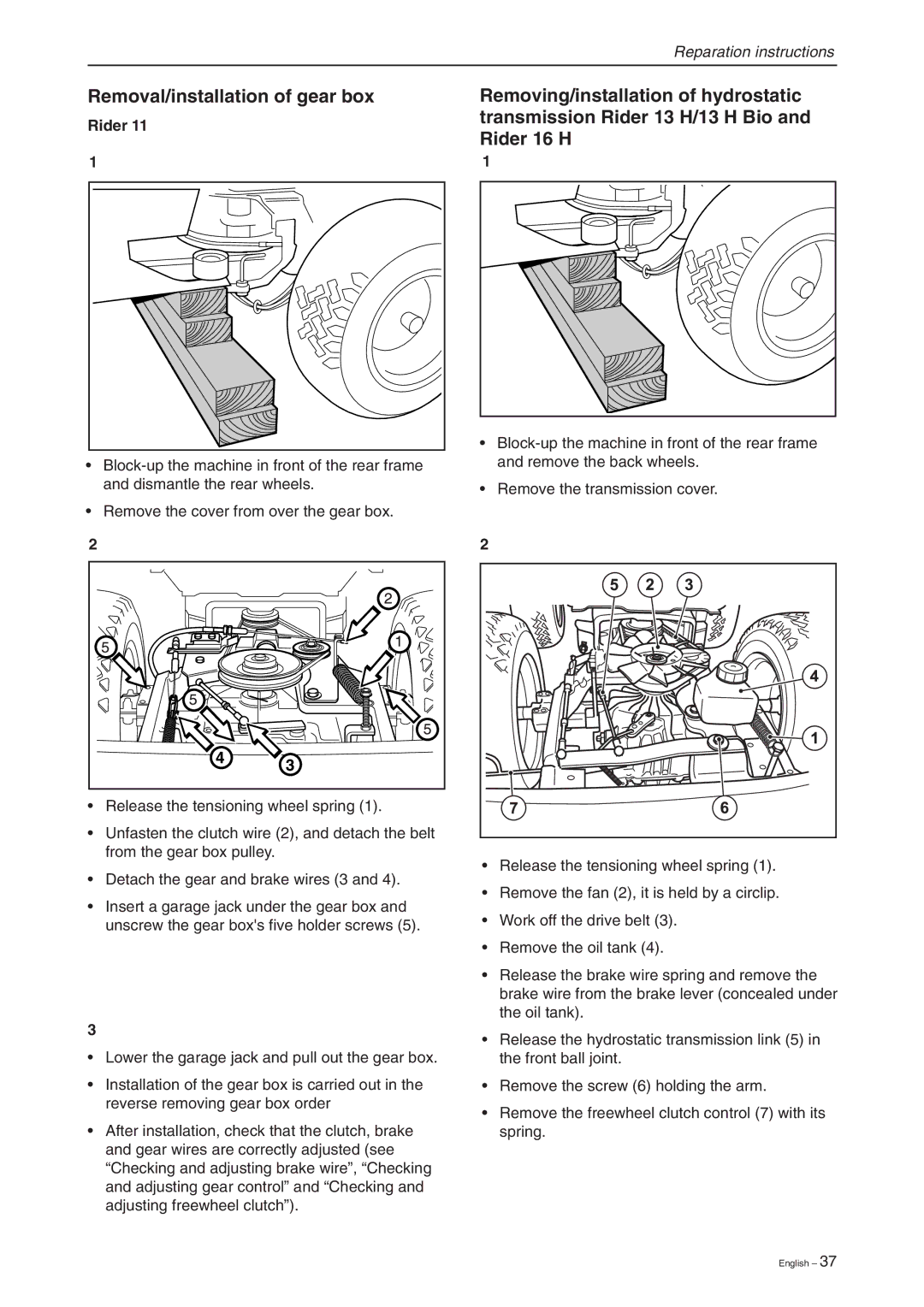 Briggs & Stratton RIDER 11 BIO, RIDER 16, RIDER 13 BIO manual Removal/installation of gear box 